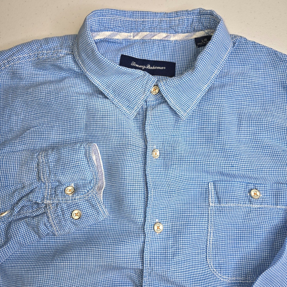 TOMMY BAHAMA Men's Medium Partial Linen‎ Blue White Check Long Sleeve Shirt -610